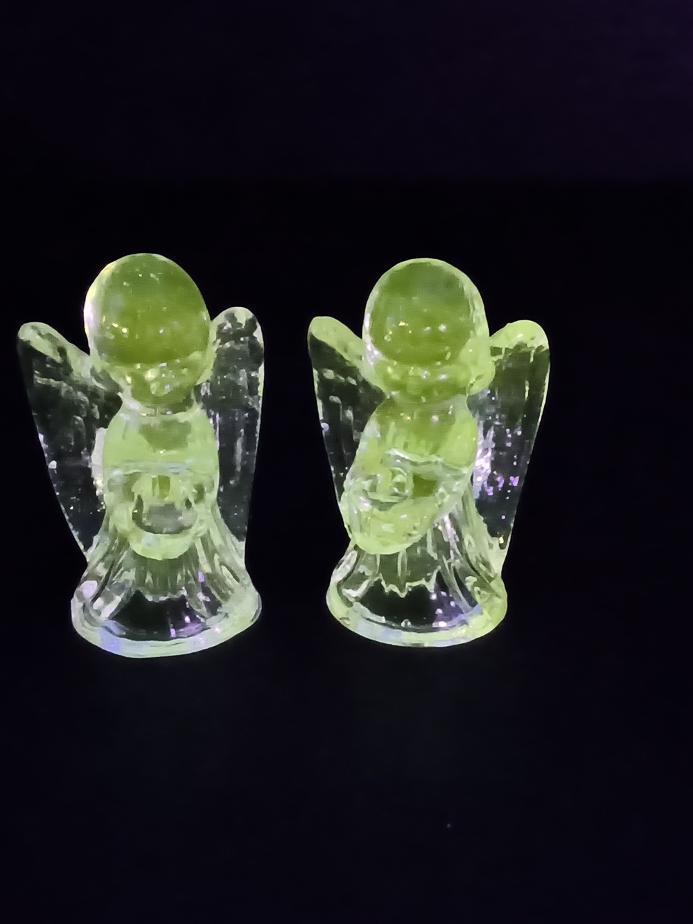 Vintage Clear Art Glass Angel Candle Holders Pair Manganese 365nm UV Glow 4"